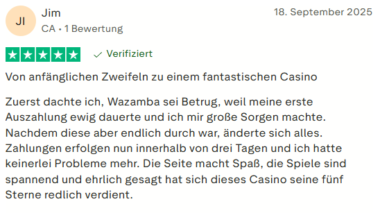 Trustpilot Bewertung für Wazamba Casino